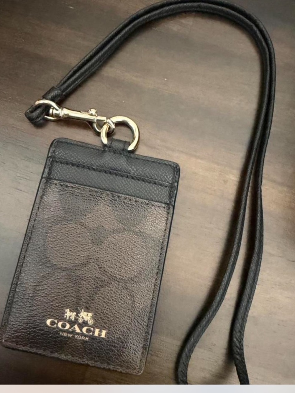 Coach Black and Brown Signature Leather Card Lanyard
